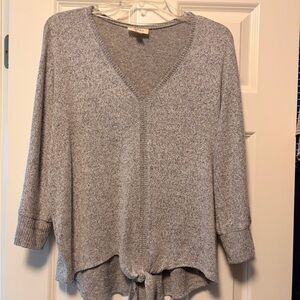 Gray V-Neck Sweater with Tie Hem